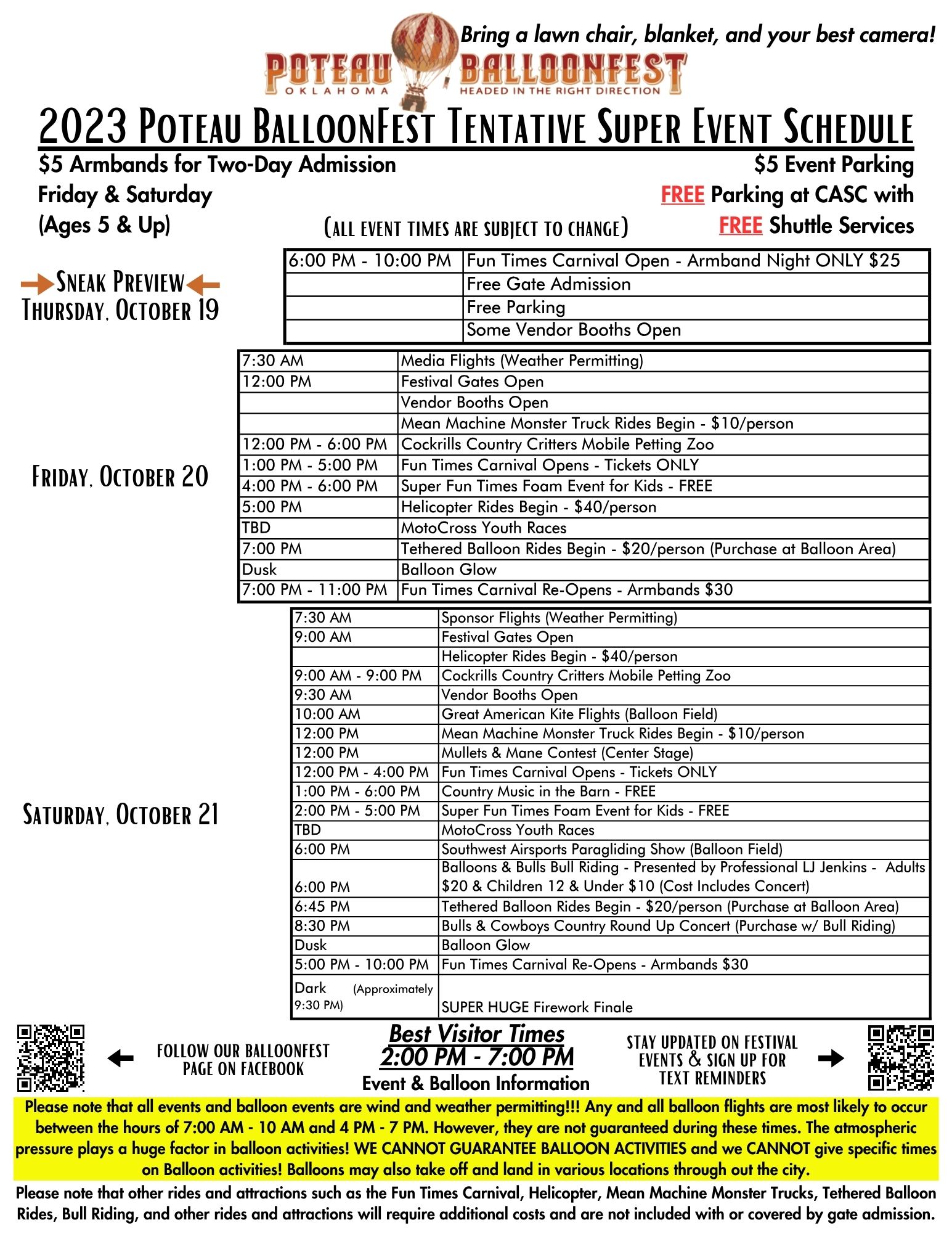 2023 Poteau BalloonFest Tentative Event Schedule